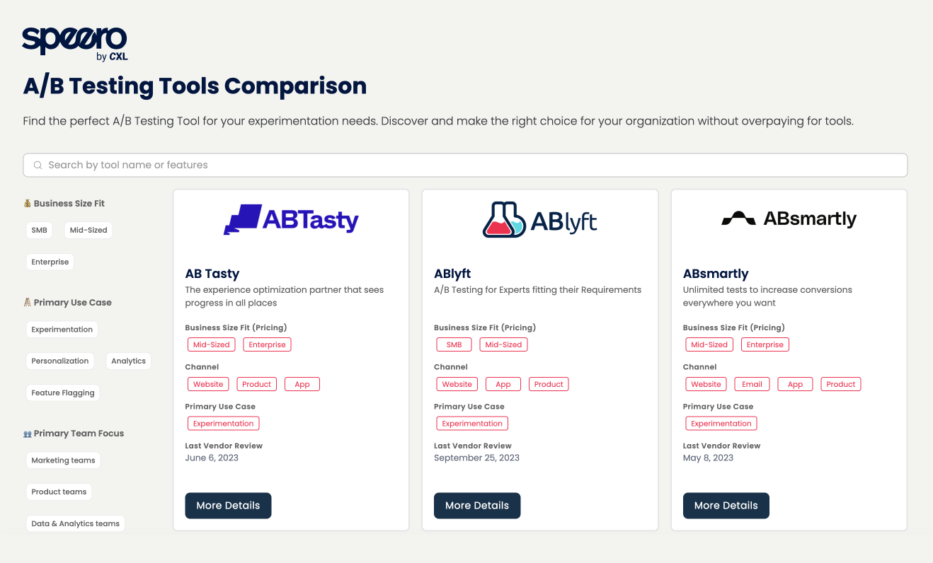 A screenshot of Speero's A/B testing tool comparison website. It has a search bar and a list of different A/B testing tools as well as various filters you can apply to the list.