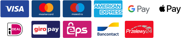 Visa, Mastercard, Maestro, AMEX, Google Pay, Apple Pay, Ideal, Giropay, EPS, Bancontact, P24 (Poland) payment methods accepted.