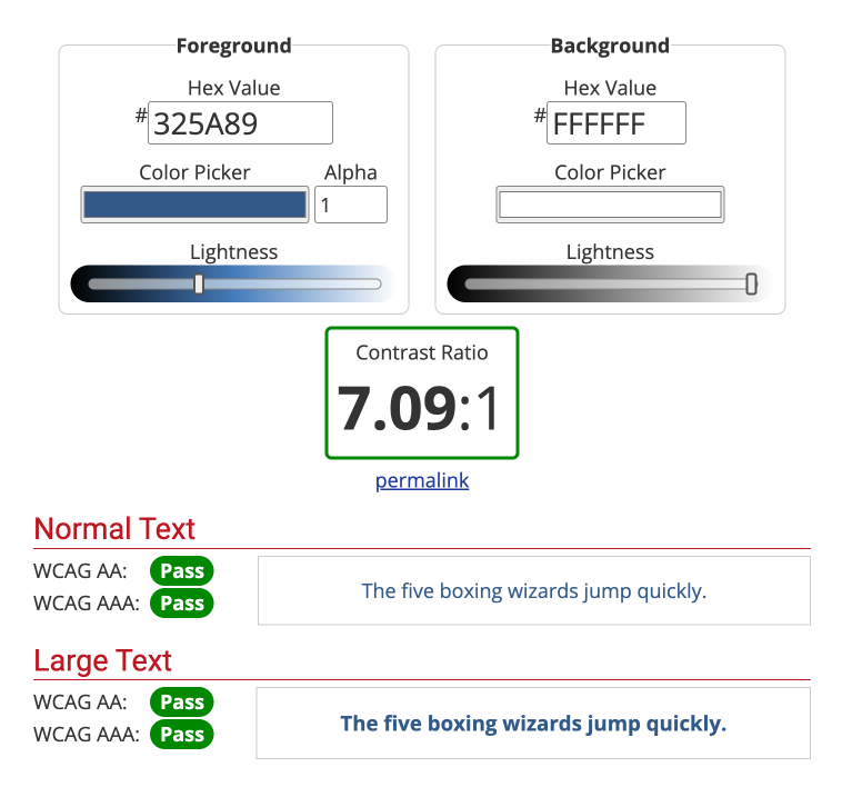 The blue has a contrast ratio of 7.09:1.