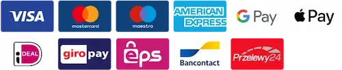 Visa, Mastercard, Maestro, AMEX, Google Pay, Apple Pay, Ideal, Giropay, EPS, Bancontact, P24 (Poland) payment methods accepted.